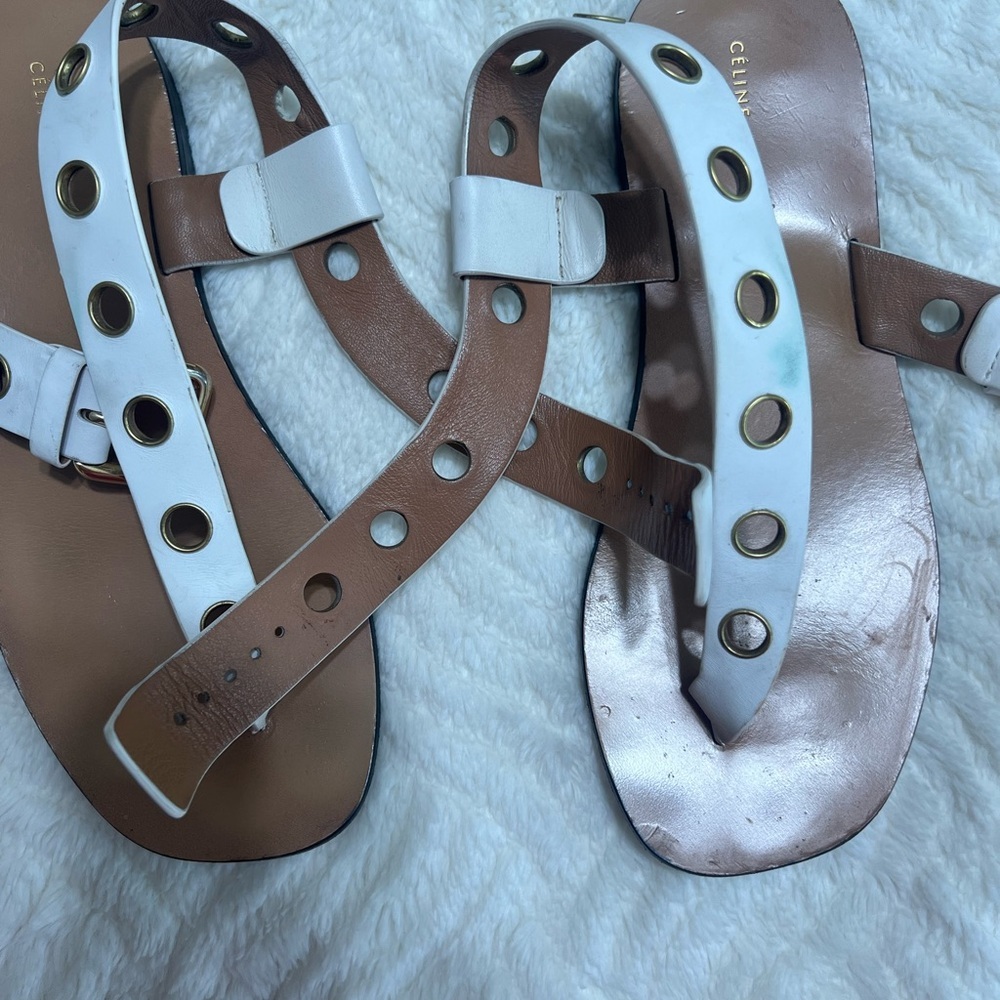Celine White Leather Grommet Sandals 37.5 Flat Ankle Strap Made in Italy - Picture 11 of 16